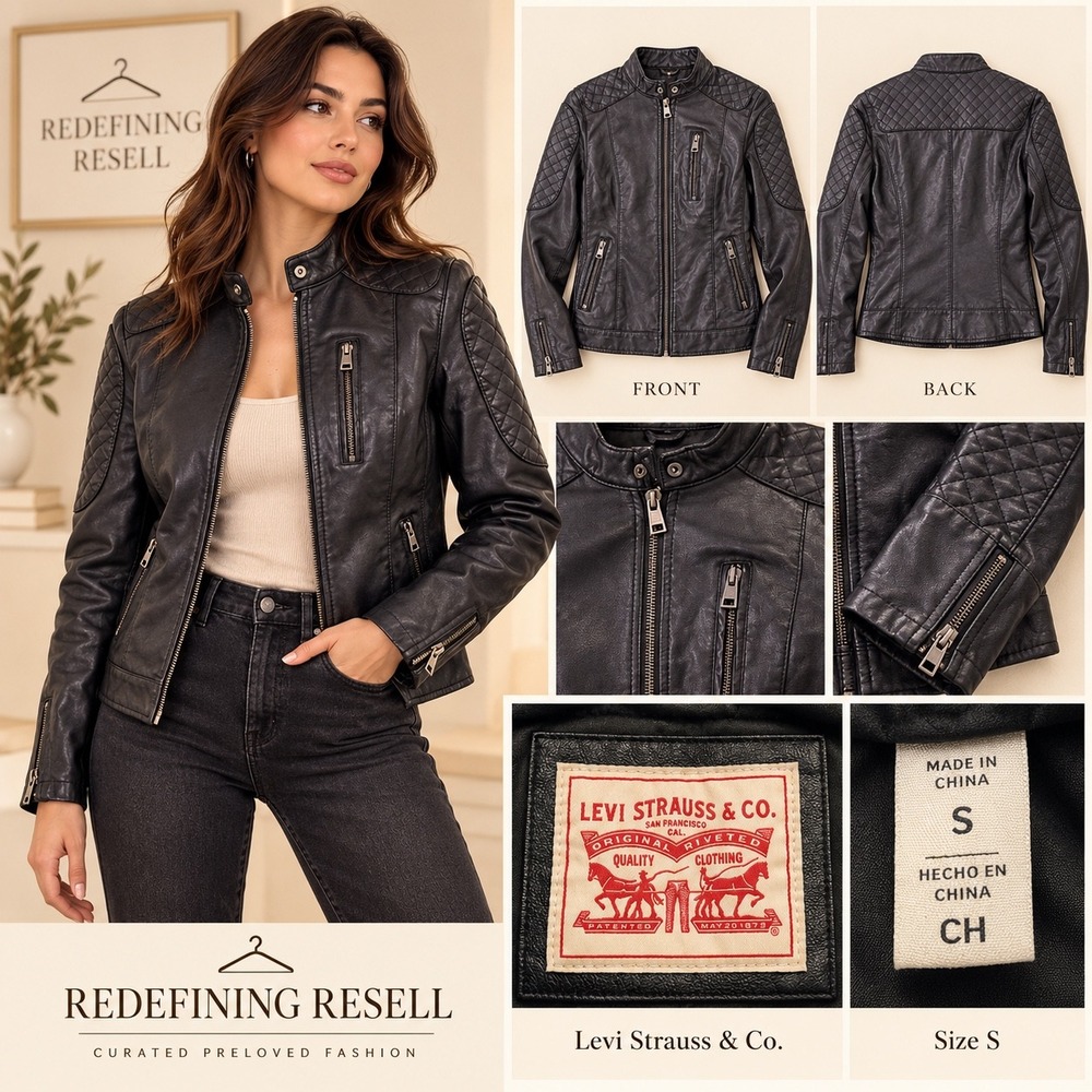 Levi Strauss Womens Black Faux Leather Quilted Moto Cafe Racer Jacket Size S